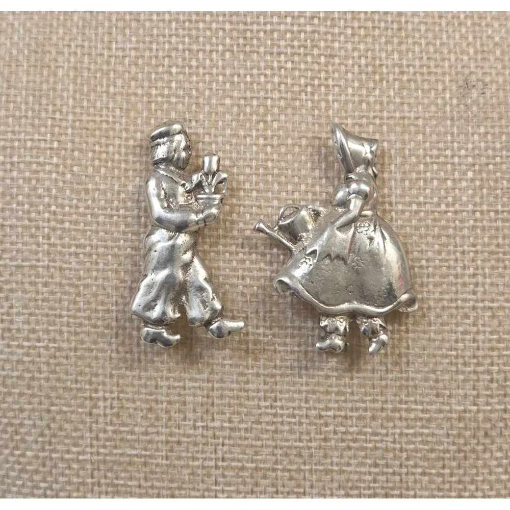 2 1940s‎ Sterling Silver Dutch Boy & Girl Brooches - Flower & Watering Can